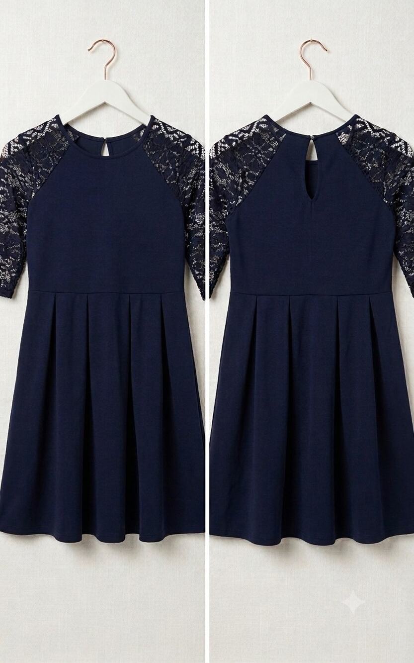 Poppies & Roses Girls Navy Blue Lace Sleeve Fit & Flare Dress Size Large